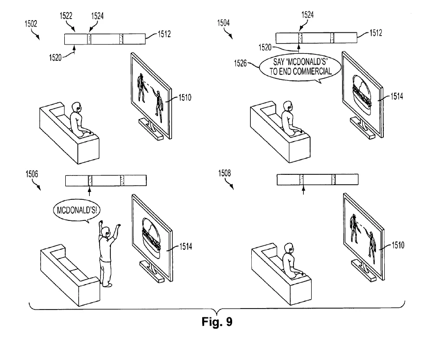 Sequence of images. 1: Person sitting on couch watching TV. 2: TV displays a burger and says “Say Mcdonald